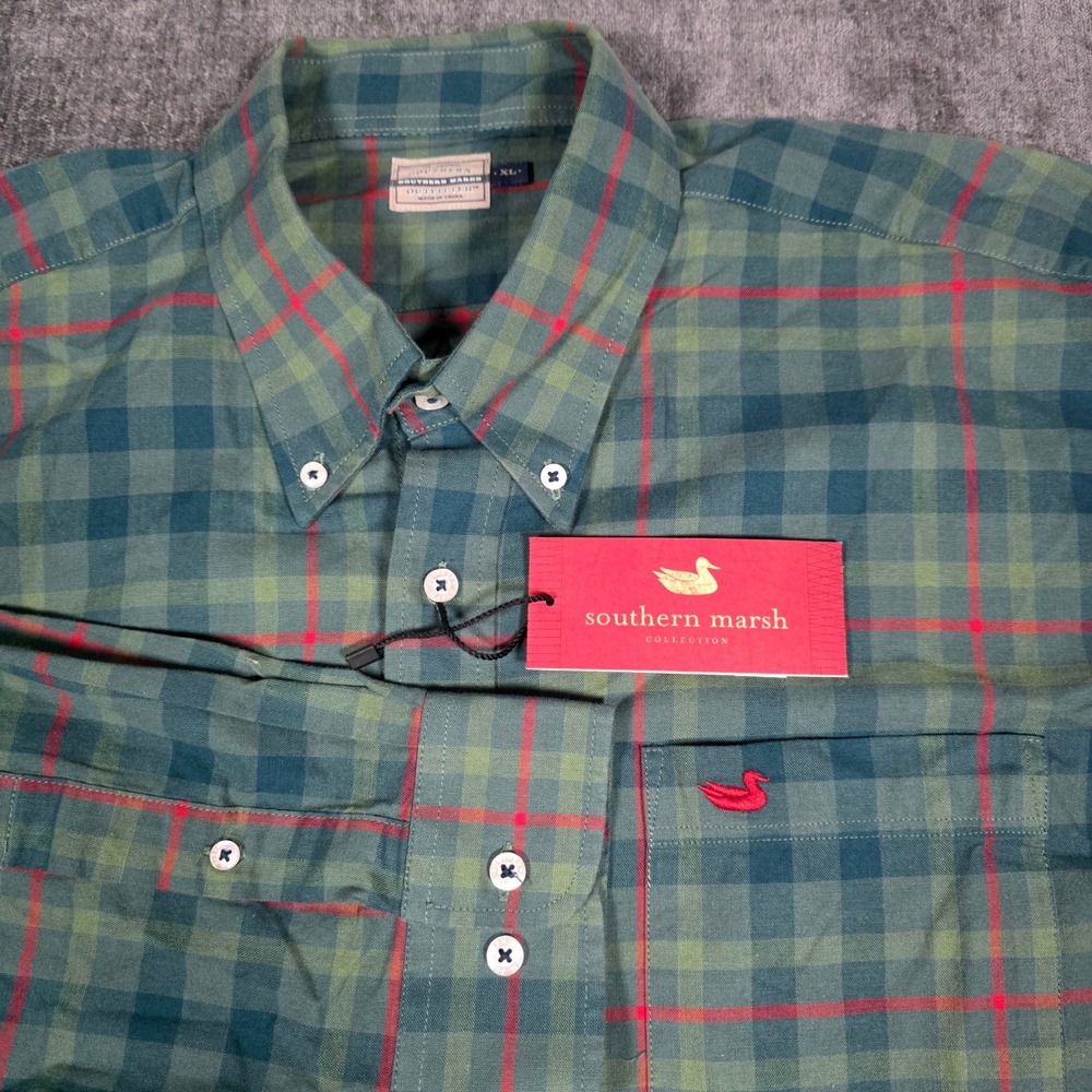 NWT Southern Marsh Boundary Washed Plaid Shirt XL Dark Green Red BDJN572-0318